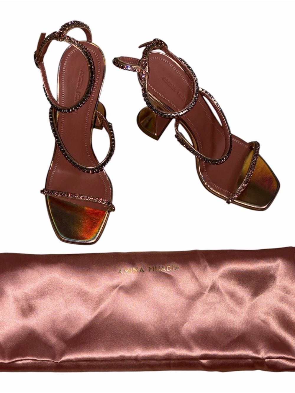 Amina Muaddi Iridescent Pink-Gold Crystal Strap Sandals